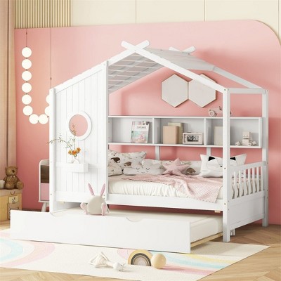 Wooden Full Size/Twin Size House Bed With Trundle, Platform Bed Frame With Storage Shelves, Easy Assembly For Girls Boys