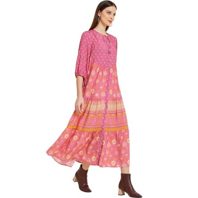 Allegra K Women's Boho Long Floral Ruffle Half-Sleeve Cuffed Casual A Line Dress