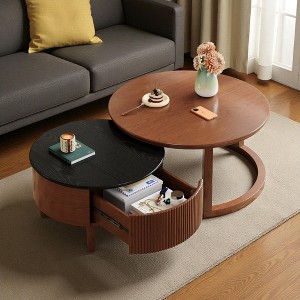 Mshliw Round Nesting Coffee Table with Fluted Drawer, 2-Piece Layered Wood Center Table for Living Room, Dining Table, Sofa Table, 31.5 Inch - 1 of 4