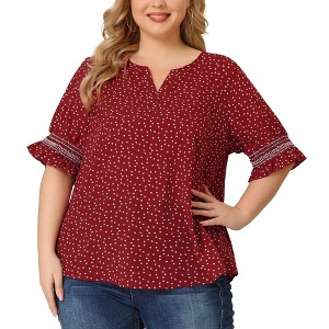 Agnes Orinda Women's Plus Size Boho Smocked Short Puff Sleeve Ruffled Cuff Spring Summer Polka Dots Blouses - 1 of 4