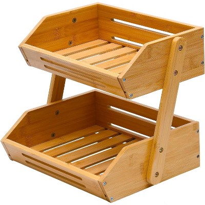 2 Tier Bamboo Fruit Basket for Kitchen, 11" Tall Fruit Storage Holder, Heavy Duty/Large Capacity for Vegetables, Fruit, and Snack(Self-assembly)
