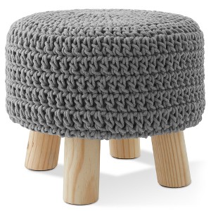 Hand-Knitted Cotton Pouf Ottoman Footstool, 13" Round x 11" High, Compact Boho Accent Footrest for Living Room and Bedroom - 1 of 4