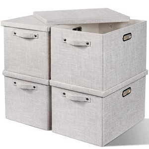 Aoibox Set of 4 Large 39L Storage Bins with Lids Thick Decorative Foldable Fabric Boxes for Clothes Linen Toys Beige - 1 of 4