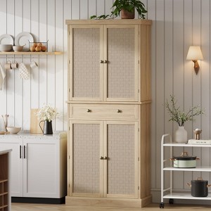 72" Wood Color Farmhouse Pantry Cabinet ¨C 4-Door Tall Kitchen Storage with Adjustable Shelves & Drawer for Dining/Living Room - 1 of 4
