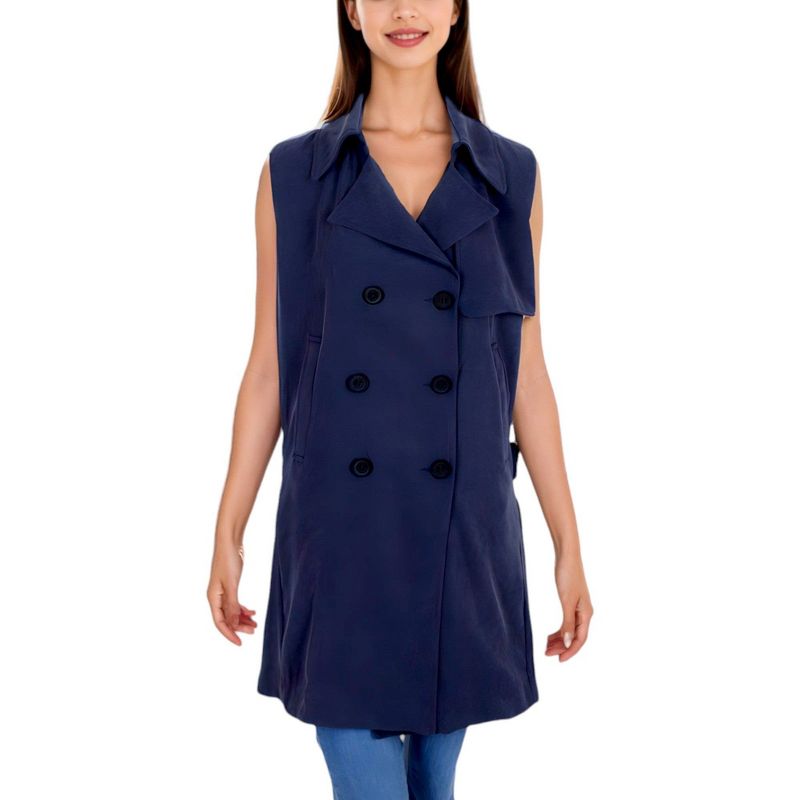 Anna-Kaci Women's Open Front Double Breasted Trench Jacket- Large ,Navy Blue, 1 of 7