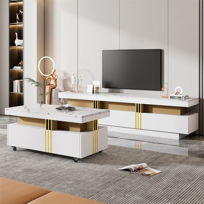 Modern Luxury TV Stand And Coffee Table Set Of 2, High Gloss Faux Marble Top, TV Stand Up To 78'', Rectangle Coffee Table With Caster Wheels