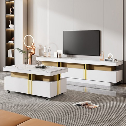 Modern Luxury Tv Stand And Coffee Table Set Of 2 High Gloss Faux Marble Top Tv Stand Up To 78 Rectangle Coffee Table With Caster Wheels White Target
