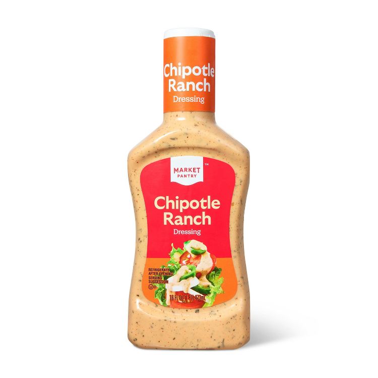 A bottle of Market Pantry Chipotle Ranch Dressing with a red label and 16 fl oz (473 ml) capacity.