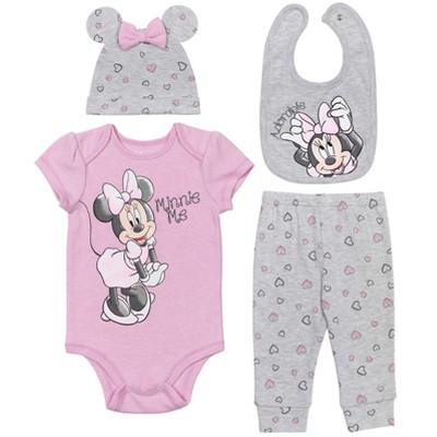 Disney Brandclub Disney Minnie Mouse Newborn Baby Girls Layette Set Bodysuit Pant Hat Bib Grey Pink 6 9 Months