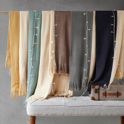 Halmstad Taupe Fringed Color Block Soft Wool Throw 60"x50"