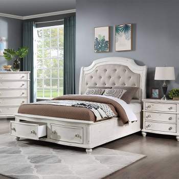95" Queen Bed Jaqueline Bed Gray Linen and Antique White Finish - Acme Furniture