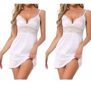 INSPIRE CHIC Women 2 Pcs Satin Silky Lace Chemise Nightgowns Full Slip Dress Sleepwear - 1 of 4