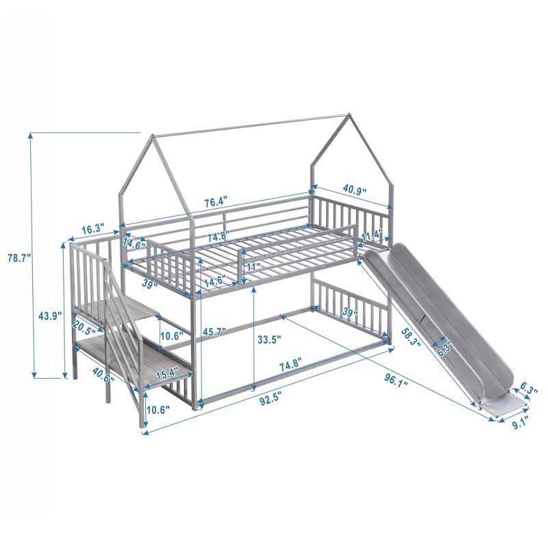 Twin over Twin Metal Bunk Bed House Bed with Slide and Staircase-ModernLuxe, 4 of 12