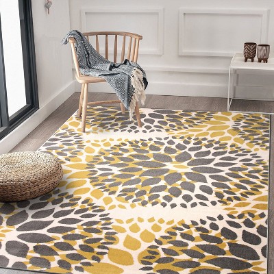 Blossom Burst Yellow Floral 39" Washable Synthetic Rug