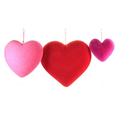 Valentine's Day 11.25" Set / 3 Flocked Hanging Hearts Decor Love Decorate Decoration One Hundred 80 Degree  -  Decorative Figurines