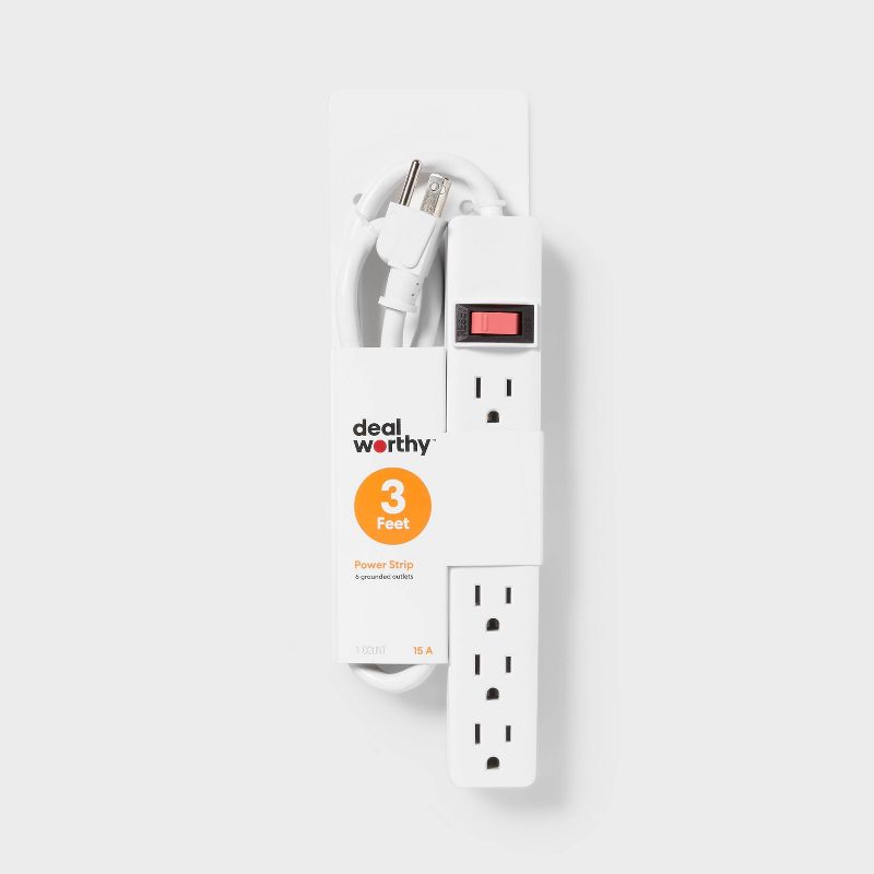 3' 6 Outlet Indoor Power Strip White - Dealworthy™: 15A 1875W Extension Cord, 14 AWG, 3ft Cable, 1 Year Warranty