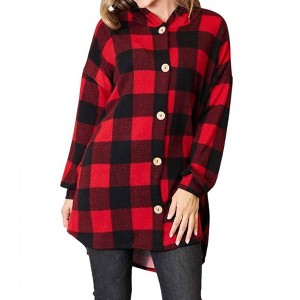 Women's Full Size Plaid Button Front Hooded Shirt - HEIMISH USA - 1 of 4