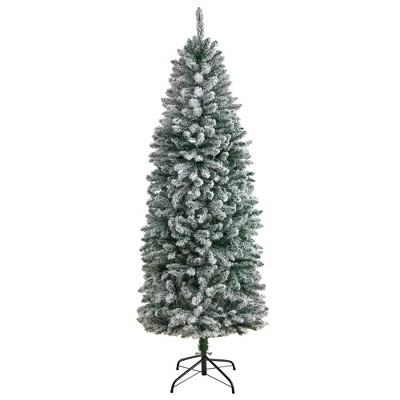Nearly Natural 6-ft Slim Flocked Montreal Fir Artificial Christmas Tree with 743 Bendable Branches