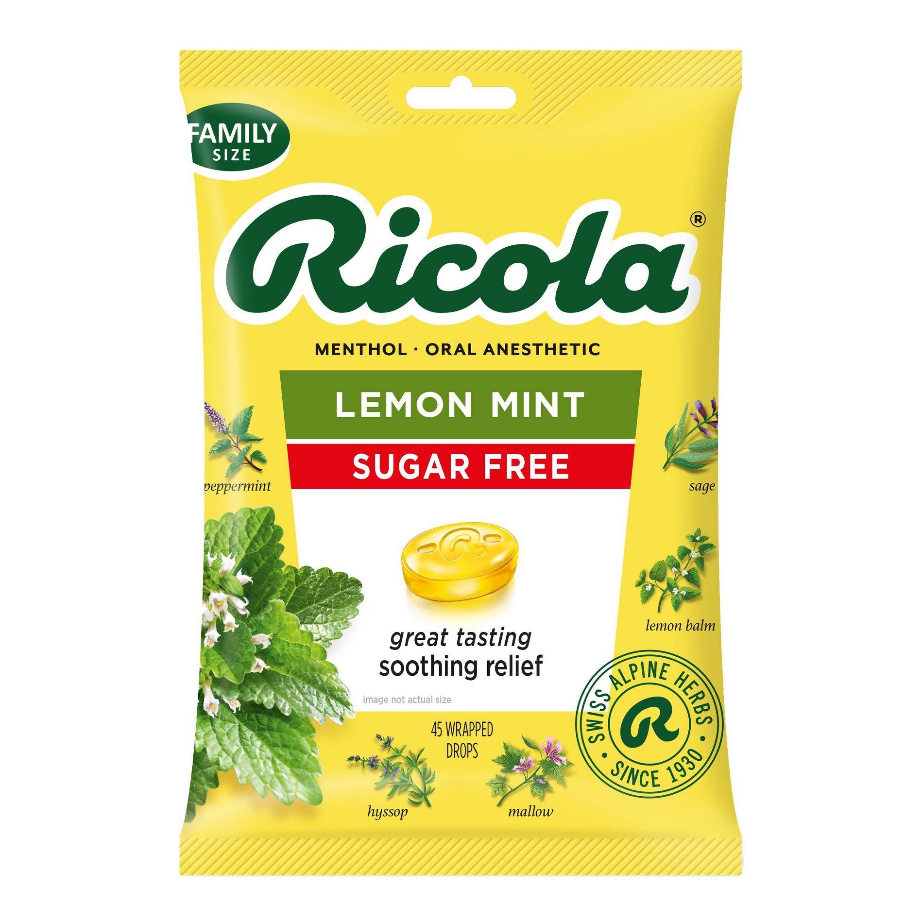 Ricola Throat Drops - Sugar Free Lemon Mint - 45ct: Gluten-Free, 1.1mg Menthol Lozenge