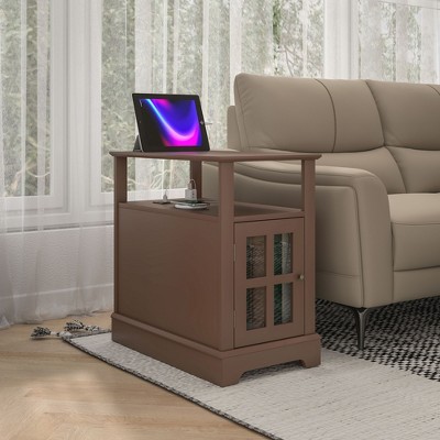 Vynxaria Modern End Table with Charging Station, Narrow Design, Brown, 14"W x 23.6"D x 23.6"H