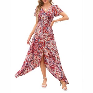 Women's Summer Short Sleeve V Neck Floral Print Irregular Hem Mid Split Button Smocked Waist Casual Swing Maxi Dress - 1 of 1