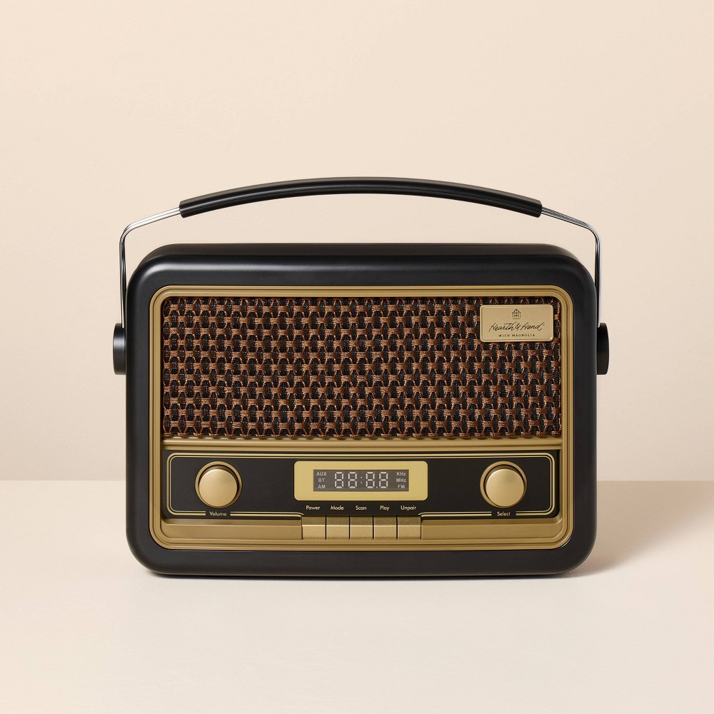 Photos - Radio / Clock Vintage Style AM/FM Bluetooth Radio Black - Hearth & Hand™ with Magnolia: Portable Speaker with Micro USB & 3.5mm Jack