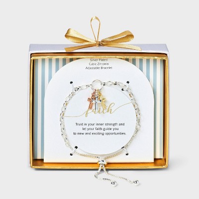 Silver Plated Three Tone Cubic Zirconia Triple Cross Chain Bracelet - Silver/Gold: Religious Faith Theme, Gift Box Included