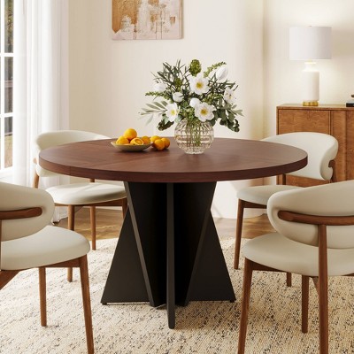 WOWLIVE 47.2" Round Wood Dining Table for 4-6 People, Modern Kitchen Table with Cross Pedestal Base