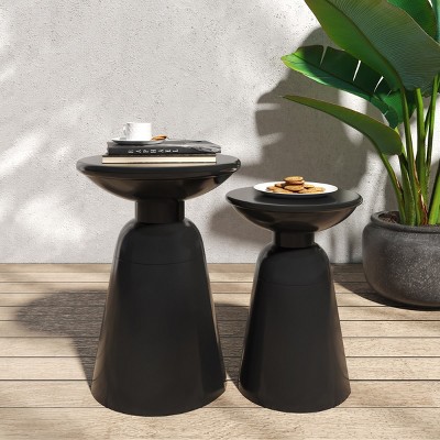 Set Of 2 Modern Outdoor Coffee Table Set,Flared Design Iron End Table,Weather-Resistant Round Accent Tables for Patio Balcony-Coolbibila