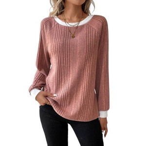 Coolmee Women's Ribbed Knitted Sweatshirt Trendy Colorblock Long Sleeve Pullover Sweater - 1 of 4