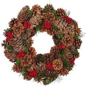 Northlight Frosted Pinecone and Red Berry Artificial Christmas Wreath - 13" - Unlit - 1 of 4