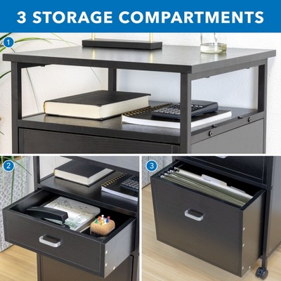 Black Mobile 2-Drawer Lockable File Pedestal with Open Shelf