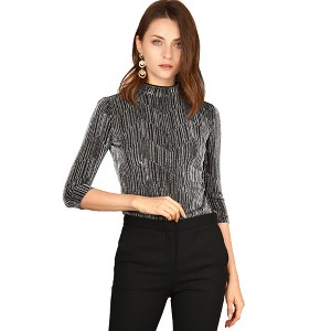 INSPIRE CHIC Women's Party Glitter 3/4 Sleeve Stand Up Neck Shiny Striped Metallic Blouse - 1 of 4
