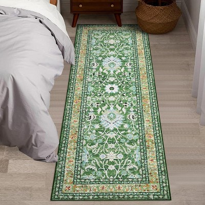 Washable Area Rug, Green Oriental Vintage Faux Wool Carpet, Non-Slip Stain-Resistant Soft Accent Rug for Living Room Bedroom Dining Room