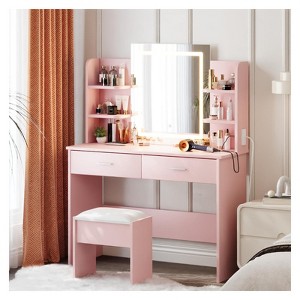 Vanity Desk with Mirror and Lights, Tri-Color LED Makeup Vanity Table with Power Outlet, 2 Drawers, 6 Shelves, Modern Bedroom for Women - 1 of 4