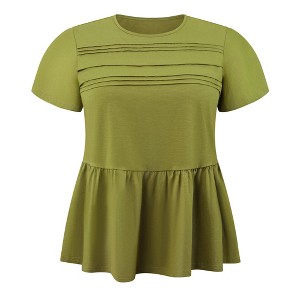 Women's Plus Size Pleated Front Ruffle Sleeve Crew Neck Flowy Summer Casual Babydoll Blouses - GRACE & GRANDEUR - 1 of 4