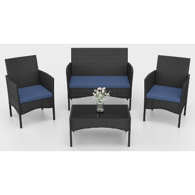 ALAULM Patio Furniture Set 4 Pieces Outdoor Wicker Rattan Chairs Conversation Sets w/Coffee Table, Rocking Bistro Set