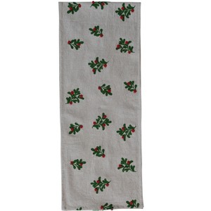 Storied Home Cotton and Linen Table Runner with Embroidered Mistletoe and Pom Poms, Natural, Green and Red - 1 of 2