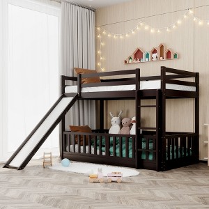 Whisen Twin Over Twin Bunk Bed & Bed Frame with Slide and Ladder, Full-length Guardrail, Solid Wood Frame - 1 of 4