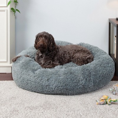 Large Gray Faux Fur Orthopedic Donut Dog Bed