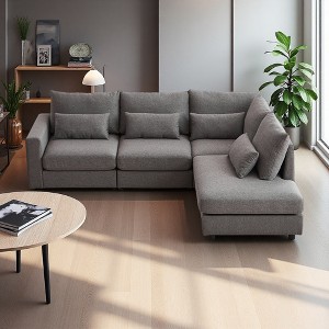 100.2" Linen L-Shaped Modular Sectional Sofa with Ottoman & Pillows - 1 of 4
