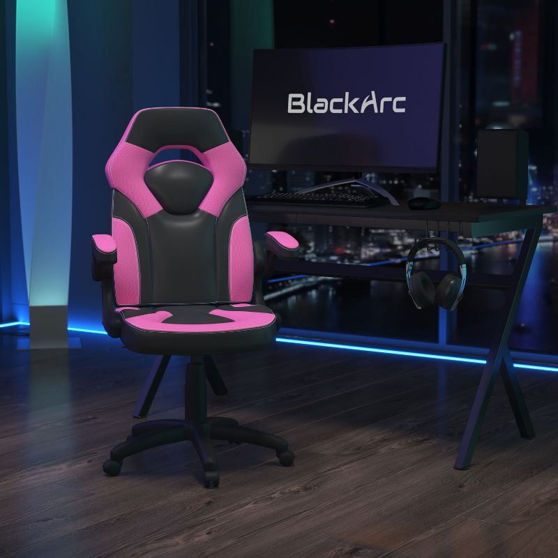 BlackArc High Back Gaming Chair with Pink and Black Faux Leather Upholstery, Height Adjustable Swivel Seat & Padded Flip-Up Arms, 3 of 11