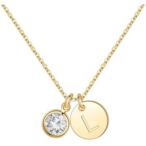 Personalized Birthstone Necklace 14K Gold Plated Initial Disc Jewelry Gift - 1 of 4