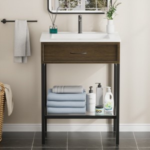 Bathroom Vanity with Resin Sink, Freestanding Modern Bathroom Cabinet Set with Metal Frame and Open Storage Glass Shelf - 1 of 4