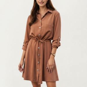 Anna-Kaci Women’s Button Front Shirt Dress with Adjustable Sleeves Soft Drawstring Waist and Relaxed Flowing Silhouette - 1 of 4