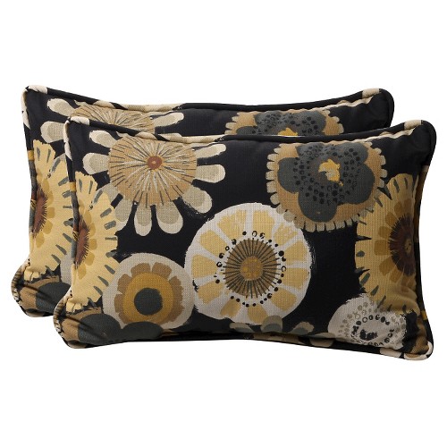 'Outdoor 2pc Lumbar Toss Pillow Set - Black/Yellow Floral 18.5'', Yellow Black'