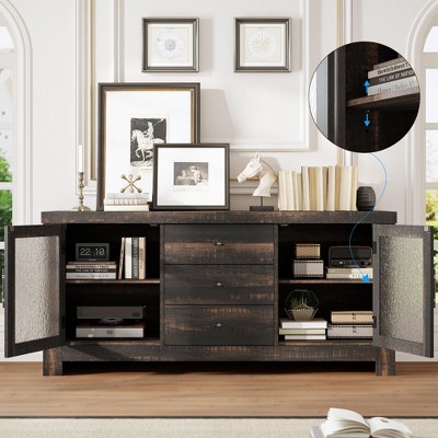Garvee 54.4" Kitchen Buffet Sideboard Cabinet, Coffee Bar Table with 2 Glass Doors & 3 Drawers, Storage TV Stand, for Living Room, Dining Room,Dark Oak — фото 4