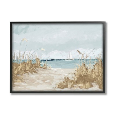 Stupell Industries Sandy Beach Walkway Distant Sailboats Floating Sea Framed Giclee Art