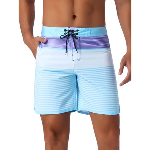 INSPIRE CHIC Men's Color Block Drawstring Waist Pool Beach Striped Swimming Shorts Sky Blue 34