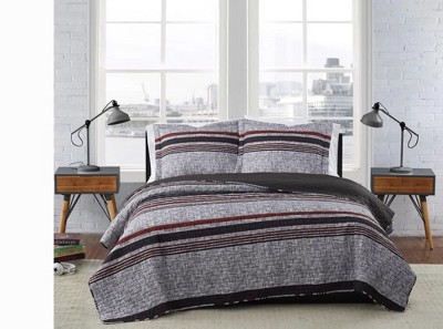 Full Red and Gray Microfiber Reversible Quilt Set